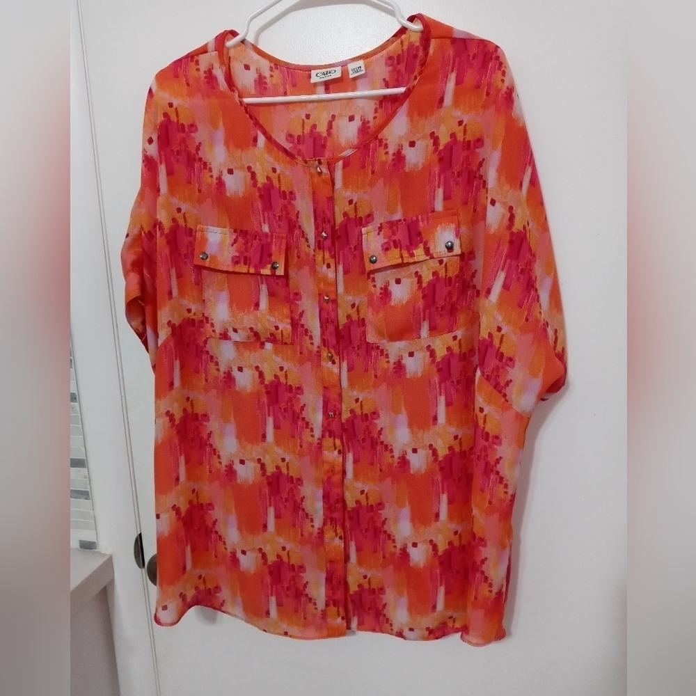 Cato Sheer Button Down Short Sleeve Ombre Orange Pink White Blouse w Pockets